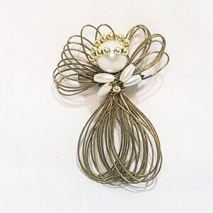 Wire Angel Faux Pearl Beads Gold tone Brooch Pin Gold Tone Vintage 2" Metal